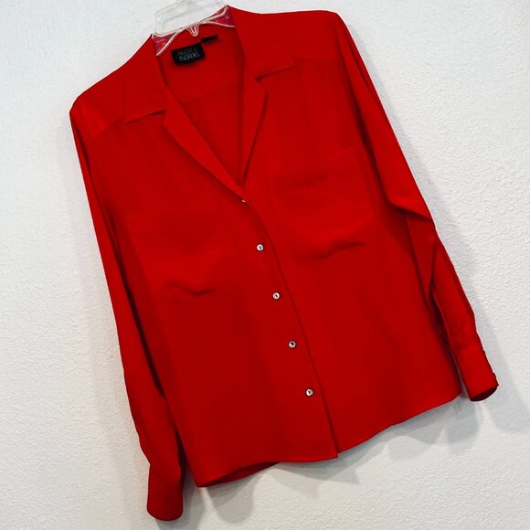 VTG 80s Alcott & Andrews Silk Blouse Red Button Up V-Neck Pockets Womens Size 4 - Picture 5 of 9